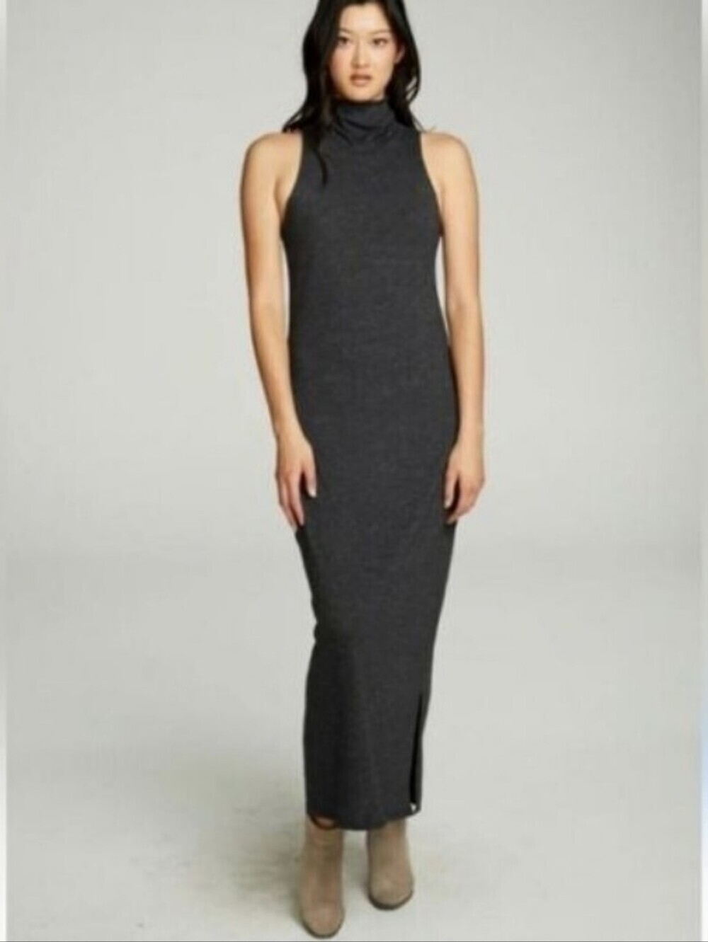 Fleur Bleue Mock Turtle Neck Tank Maxi Sweater Dress Side Slits Heather Blue XS